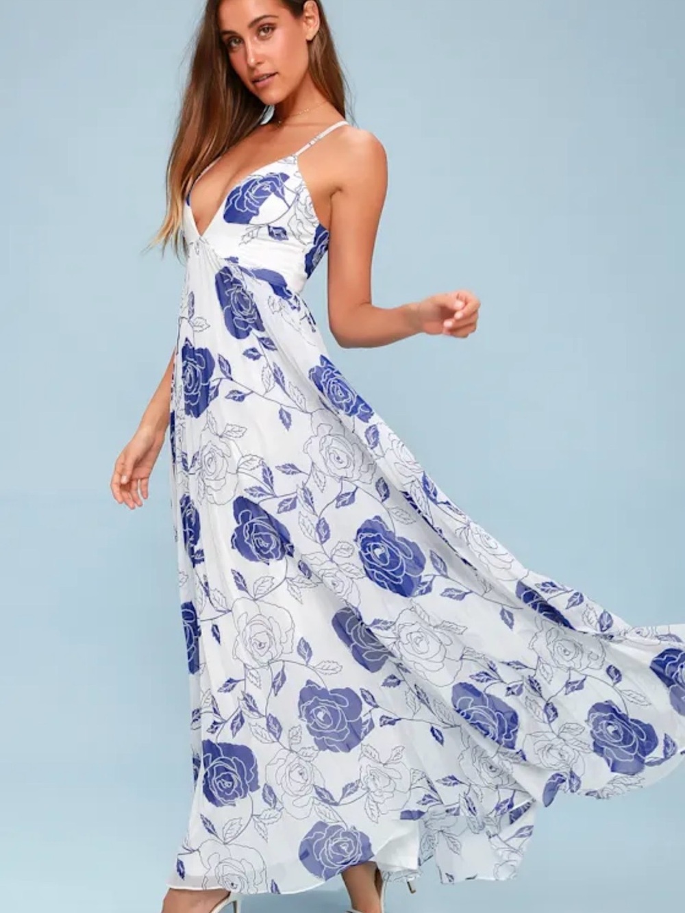 Lulus Dahlia Blue And White Floral Print Maxi Dress - Size Medium